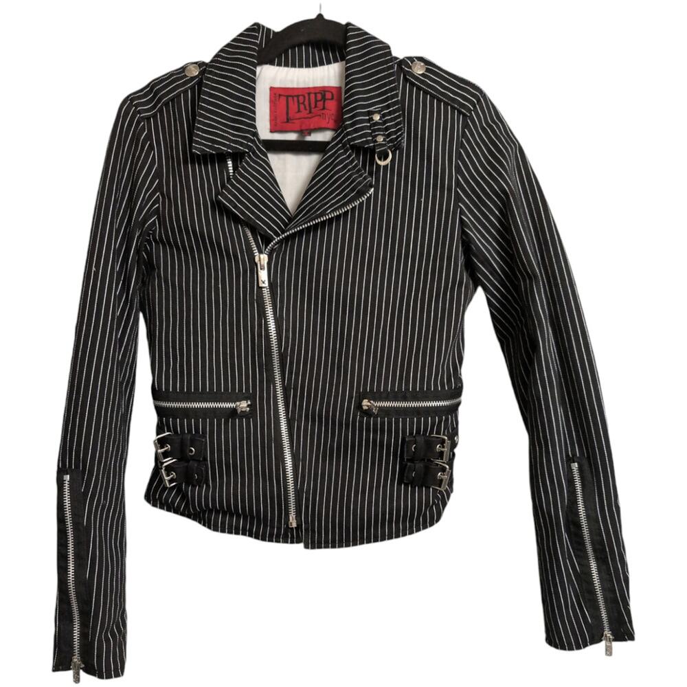 Tripp NYC Black White Striped Asymmetrical Zip Biker Jacket Moto Size M